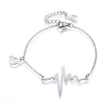 304 Stainless Steel Link & Charm Bracelets, Heartbeat, with Lobster Claw Clasps, Stainless Steel Color, 6-3/4 inch(170mm)