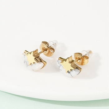 304 Stainless Steel Stud Earrings, with Synthetic Howlite, Ion Plating(IP), Star with Half Round, Golden, 9x11mm