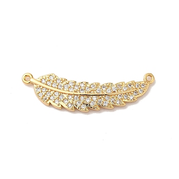 Brass Micro Pave Clear Cubic Zirconia Connector Charms, Nickle Free, Leaf Links, Long-Lasting Plated, Real 18K Gold Plated, 30x10x2mm, Hole: 1mm