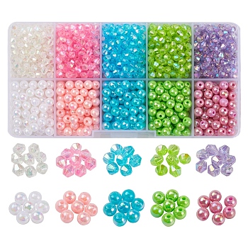 Acrylic Beads Kits, Opaque & Transparent, Bicone & Round, Mixed Color, 4x4mm, Hole: 1mm, about 100~110pcs/color