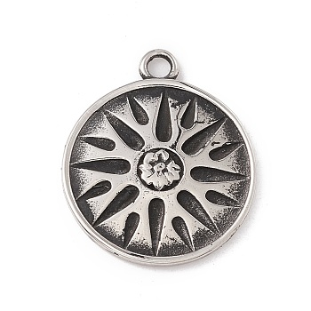 304 Stainless Steel Pendant, Flat Round with Flower, Antique Silver, 24x20x2mm, Hole: 2.2mm