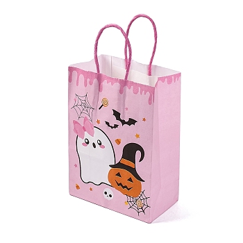 Halloween Theme Ghost & Pumpkin Printed Paper Gift Tote Bags, Shopping Bags with Paper Twine Handles, Rectangle, Pearl Pink, 20.7x14.9x0.15cm, Unfold: 8.1x14.8x20.7cm