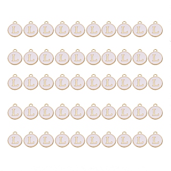 Golden Plated Alloy Charms, with Enamel, Enamelled Sequins, Flat Round, White, Letter.L, 14x12x2mm, Hole: 1.5mm, 50pcs/Box