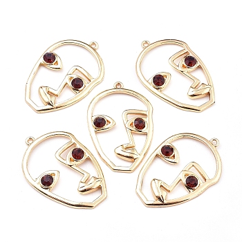 Alloy Pendants, with Garnet Rhinestone, Long-Lasting Plated, Face, Golden, 41x28x5mm, Hole: 1.8mm