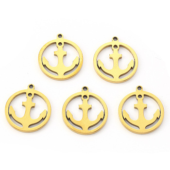 Vacuum Plating 304 Stainless Steel Pendants, Laser Cut, Round Ring with Anchor, Golden, 16x14x1mm, Hole: 1.2mm
