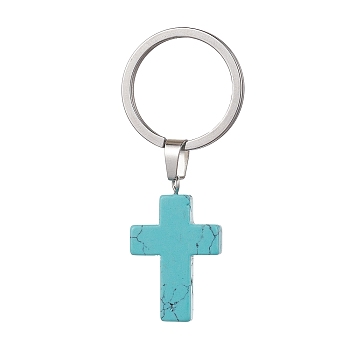 Dyed Synthetic Turquoise Keychains, with 304 Stainless Steel Split Key Rings, Cross, 5.6cm, Cross: 37.5x18x5.5mm