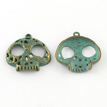 Zinc Alloy Pendant, Cadmium Free & Nickel Free & Lead Free, Skull, Antique Bronze & Green Patina, 27x27x4mm, Hole: 2mm