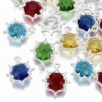 Faceted Glass Pendants, with Eco-Friendly Alloy Findings, Cadmium Free & Nickel Free & Lead Free, Faceted, Flower, Silver, Mixed Color, 15x13x4mm, Hole: 1.6mm