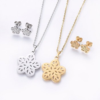 304 Stainless Steel Jewelry Sets, Stud Earrings and Pendant Necklaces, Flower, Mixed Color, Necklace: 17.7 inch(45cm), Stud Earrings: 9x9.5x1.2mm, Pin: 0.8mm