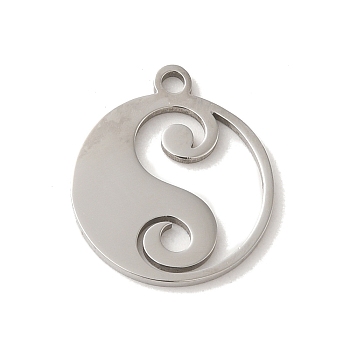 201 Stainless Steel Pendants, Laser Cut, Flat Round with Yin-yang Charm, Stainless Steel Color, 16x14x1mm, Hole: 1.5mm