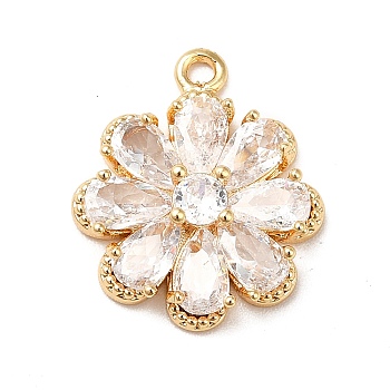 Brass Cubic Zirconia Pendants, Real 18K Gold Plated, 8-Petal Flower Charm, Clear, 16.5x14x4mm, Hole: 1mm