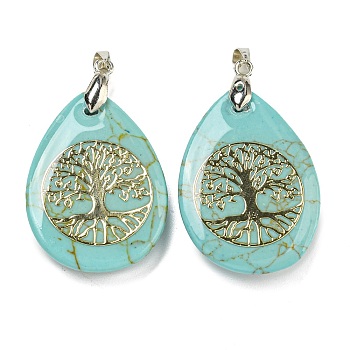 Synthetic Turquoise Teardrop Pendants, Golden Tree of Life Charms with Rack Plating Platinum Tone Brass Snap on Bails, Platinum, Cadmium Free & Lead Free, 37x23x7mm, Hole: 5x4mm