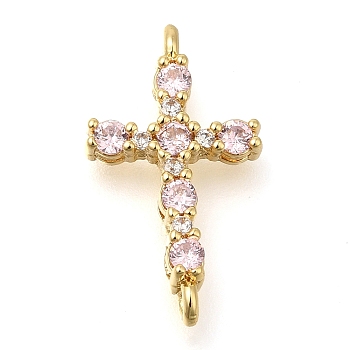 Brass Pave Cubic Zirconia Connector Charms, Cross Links, Real 16K Gold Plated, Pink, 20x11x4mm, Hole: 1.2mm