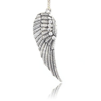 Antique Silver Plated Alloy Wing Big Pendants, with Rhinestones, Crystal, 52x17x2mm, Hole: 2mm