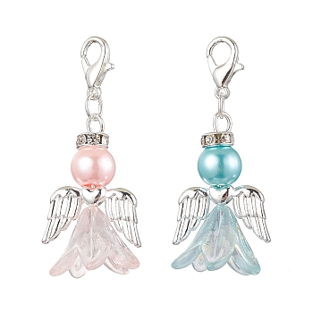 2Pcs 2 Colors Wedding Season Angel Glass Pearl & Acrylic Pendant Decorations, Zinc Alloy Lobster Claw Clasps Charms for Bag Key Chain Ornaments, Mixed Color, 44mm, Pendant: 30x18x16mm, 1pc/color