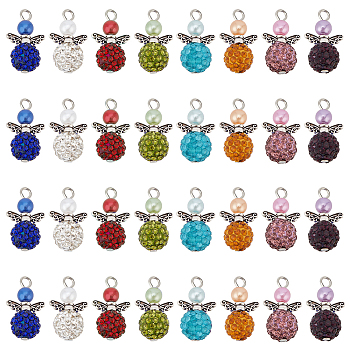 Elite 4 Sets Angle Shape Polymer Clay Rhinestone Pendants, with Tibetan Style Alloy Finding and Imitation Pearl Acrylic Beads, Mixed Color, 23x14x10mm, Hole: 2mm, 8pcs/set, 32pcs/box