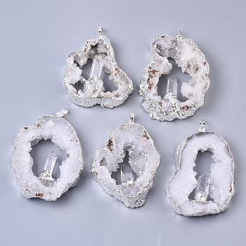 Natural Druzy Agate Big Pendants, Edge Platinum Plated, with Natural Quartz Crystal and Iron Snap on Bails, Nuggets, 37~71x29~55x9~15mm, Hole: 4x6mm