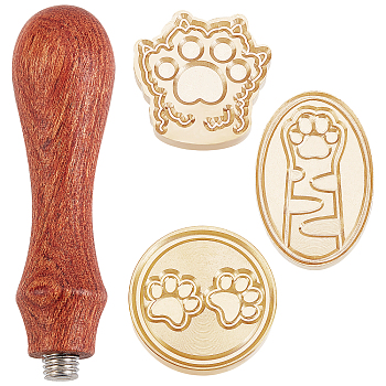 DIY Scrapbook, Including 3Pcs Brass Wax Seal Stamp Heads and 1Pc Pear Wood Handle, Paw Prints Pattern, Golden, Stamp Heads: 3pcs