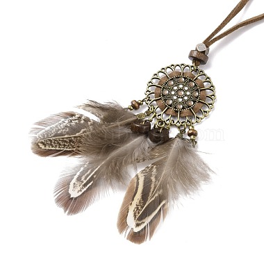 Alloy Woven Net with Feather Pendant Necklace with Wood Beads(NJEW-P261-01AB)-2