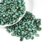 Baking Paint Glass Seed Beads, Rectangle, Faceted, Medium Aquamarine, 6.5~7x4~4.5x3.5~4mm, Hole: 0.9~1mm(SEED-N011-04C)