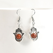 Natural Crystal Stone Hamsa Hand & Round Dangle Earrings, Handmade Sweet Ear Jewelry, Platinum, Dark Orange(UB8598-5)