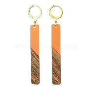 Two Tone Resin & Walnut Wood Rectangle Dangle Leverback Earrings, Golden 304 Stainless Steel Long Drop Earrings, Sandy Brown, 68x12mm(EJEW-JE05503-02)