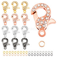 Elite 8Pcs 4 Colors Alloy Crystal Glass Rhinestone Lobster Claw Clasps with 40Pcs 4 Colors Iron Open Jump Rings, Cadmium Free & Lead Free, Mixed Color, Clasp: 21x12.5x7mm, Hole: 2.5mm 2pcs/color, Ring: 4x0.7mm, inner diameter: 2.6mm, 10pcs/color(ALRI-PH0001-25)