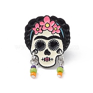 Flower Skull Enamel Pin with Glass Seed Beaded, Electrophoresis Black Alloy Brooch for Backpack Clothes, Colorful, 32.5x21.6x1.8mm, Pin: 1mm(JEWB-P015-E01)