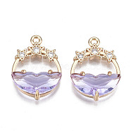 Faceted Transparent Glass Pendants, with Brass Crystal Rhinestone Findings, Flat Round with Star, Light Gold, Lilac, 21x15x5mm, Hole: 1.4mm(GLAA-T020-18D)