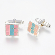 Brass Cufflinks, with Alloy Enamel Tray, Square, Platinum Color, Pearl Pink and Deep Sky Blue, Size: about 13mm long, 13mm wide, 26mm high(KK-Q243-1)