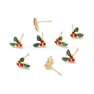 Cubic Zirconia Cherry Stud Earrings with Enamel, Real 18K Gold Plated Brass Jewelry for Women, Cadmium Free & Nickel Free & Lead Free, Colorful, 9x10.5mm, Pin: 0.7mm(X-EJEW-P199-14G)