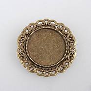 Vintage Alloy Brooch Cabochon Bezel Settings, with Iron Pin Brooch Back Bar Findings, Flat Round, Cadmium Free & Nickel Free & Lead Free, Antique Bronze, Tray: 25mm, 39x2mm, Pin: 0.6mm(X-PALLOY-N0085-53AB-NF)