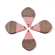 Resin & Walnut Wood Pendants, Teardrop, Pink, 28x18x3mm, Hole: 2mm(RESI-S358-23C)