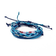 4Pcs 4 Style Alloy & Glass Braided Bead Bracelets Set, Waxed Polyester Cord Adjustable Bracelets for Women, Steel Blue, Inner Diameter: 2~3-3/4 inch(5~9.6cm), 1Pc/style(BJEW-B065-09C)