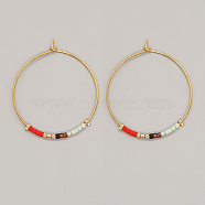 Glass Seed Beaded Hoop Earrings, Boho Beach Earrings, Orange Red, 30x30mm(XS8443-10)