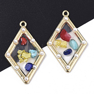 Epoxy Resin Pendants, with ABS Plastic Imitation Pearl, Gemstone Chip, Glass and Light Gold Plated Alloy Open Back Bezel, Rhombus, Clear, 39.5x24.5x4mm, Hole: 1.8mm(RESI-T045-008)