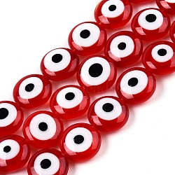 Handmade Evil Eye Lampwork Beads Strands, Flat Round, Red, 11.5~12x5~5.5mm, Hole: 0.9mm, about 34~35pcs/strand, 16.18~16.30 inch(41.1~41.4cm)(LAMP-N024-27B-01)