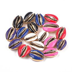 Electroplated Cowrie Shell Beads, with Enamel, No Hole/Undrilled, Golden, Mixed Color, 18~20x12~14x6~7.5mm(X-SSHEL-T008-11G)