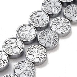 Synthetic Non-magnetic Hematite Beads Strands, Long-Lasting Plated, Flat Round with Tree of Life, Platinum Plated, 10x3mm, Hole: 1mm, about 40pcs/strand, 15.94''(40.5cm)(G-P545-P01-01A)