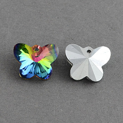 Butterfly Electroplated Glass Pendants, Silver Plated Bottom, Faceted, Colorful, 12x15x7mm, Hole: 1mm(EGLA-R083-04)