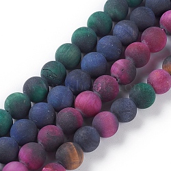Natural Tiger Eye Beads Strands, Dyed & Heated , Frosted, Round, Mixed Color, 8mm, Hole: 1.2mm, about 46~49pcs/strand, 14.7~15.3 inch(37.5~39cm)(G-F616-01-8mm)