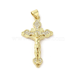 Rack Plating Brass Micro Pave Cubic Zirconia Pendants, Cross with Jesus, Long-Lasting Plated, Cadmium Free & Lead Free, Real 18K Gold Plated, 35x19.5x3.5mm, Hole: 3.5x3mm(KK-C052-10B-G)