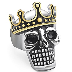 Steam Punk Style Titanium Steel Enamel Skull with Crown Finger Rings, Wide Rings for Men, Golden & Stainless Steel Color, US Size 12 1/4(SKUL-PW0005-06F)