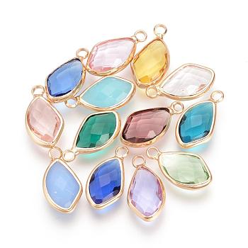 Glass Pendants, with Brass Findings, Faceted, Nuggets, Nickel Free, Raw(Unplated), Mixed Color, 18x9.5x4.5mm, Hole: 2mm