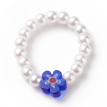 Plastic Imitation Pearl & Millefiori Glass Beaded Finger Ring for Women, Blue, US Size 7 3/4(17.9mm)