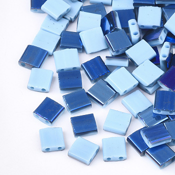 Electroplate Opaque Glass Seed Beads, 2-Hole, Rectangle, Blue Plated, Light Sky Blue, 5x4.5~5.5x2~2.5mm, Hole: 0.5~0.8mm