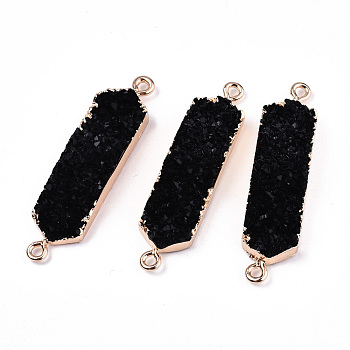 Resin Druzy Links Connectors, with Edge Light Gold Plated Iron Findings, Hexagon, Black, 43.5x10.5x7mm, Hole: 1.8mm