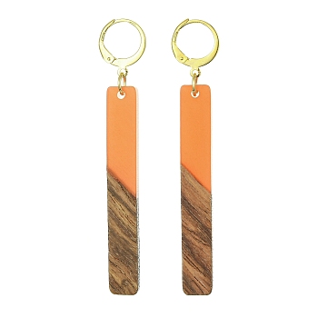 Two Tone Resin & Walnut Wood Rectangle Dangle Leverback Earrings, Golden 304 Stainless Steel Long Drop Earrings, Sandy Brown, 68x12mm