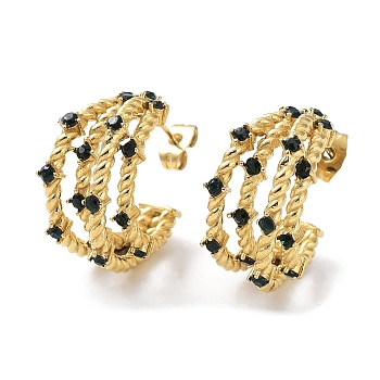Real 18K Gold Plated 304 Stainless Steel Stud Earrings with Rhinestone, Split Earrings, Half Hoop Earrings, Emerald, 22x10.5mm