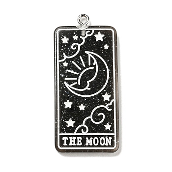 Transparent Resin Tarot Card Pendants, Glitter Rectangle Charms with Platinum Plated Iron Loops, Black, 44x20x3mm, Hole: 2mm